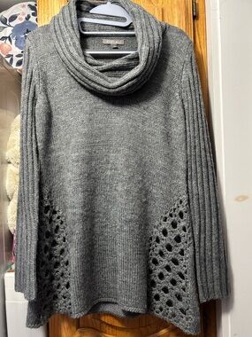 Roz & Ali Gray Cowl Neck Open-Knit Side Panel Sweater